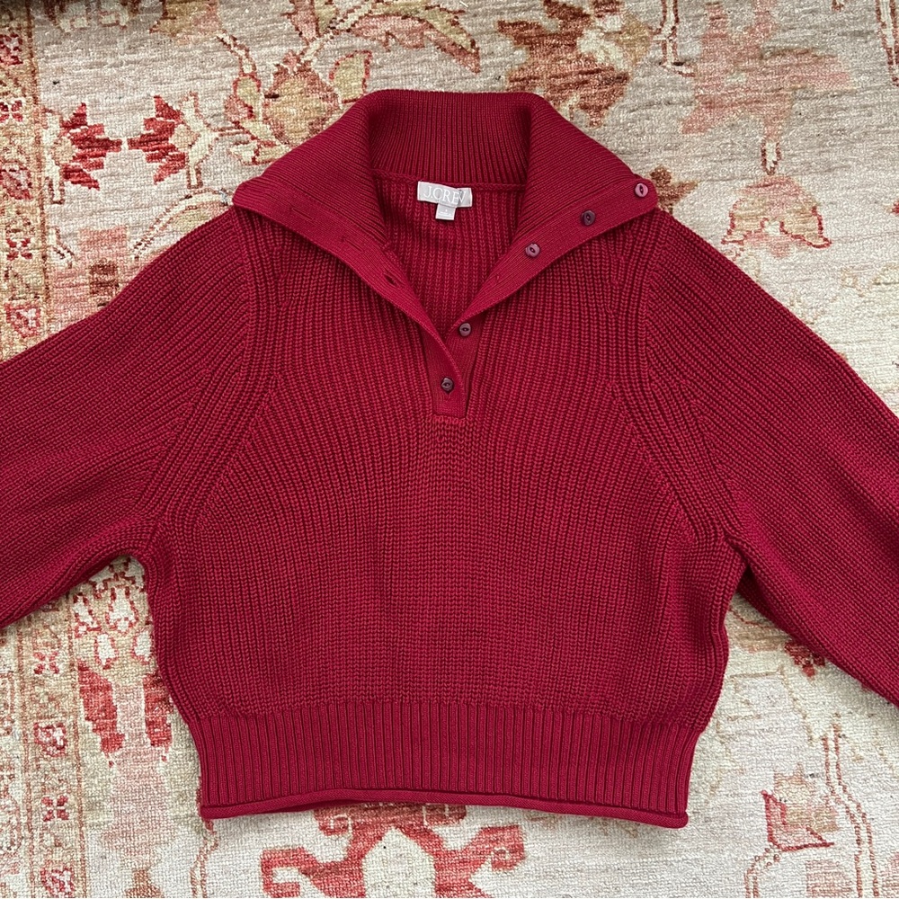 J Crew NWOT Womens Red Maroon Ribbed Cotton Button Collar Sweater Small - Picture 2 of 15